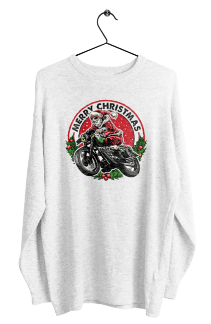 Світшот чоловічий з принтом "Щасливого Різдва, дід мороз на мотоциклі". 2022, дід мороз, зима, мотоцикл, новий рік, подарунки, різдво, санта, сніг. 2070702