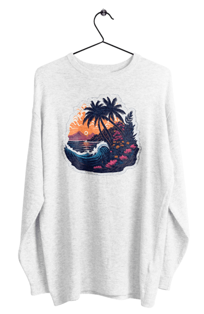 Світшот чоловічий з принтом "Дивовижна пальма біля моря на закаті сонця". Закат сонця, море, пальма. CustomPrint.market