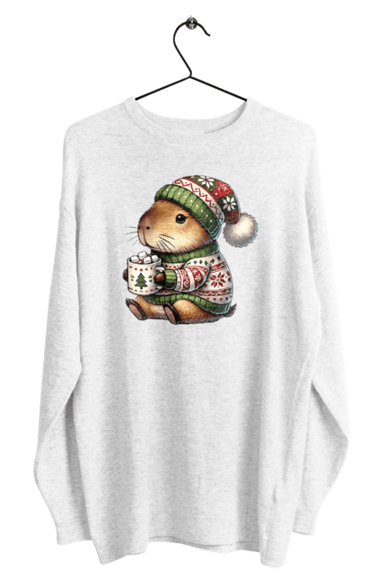 Men's sweatshirt with prints Capybara with hot chocolate. Animal, capybara, christmas, christmas capybara, gift, holiday, hot chocolate, new year, santa. 2070702