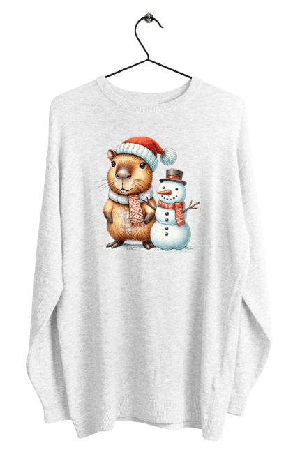 Men's sweatshirt with prints Capybara and Snowman. Animal, capybara, christmas, christmas capybara, gift, holiday, new year, new year`s gift, santa, snowman. 2070702