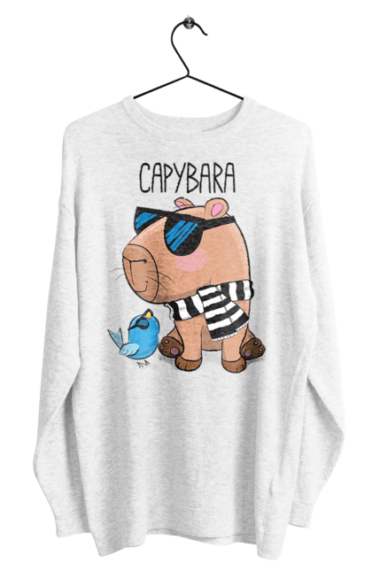 Світшот чоловічий з принтом "Стильна капібара". Капібара, модна капібара, настрій, окуляри, птах, сонячні окуляри, стильна капібара, тварина, шарф у смужку. 2070702