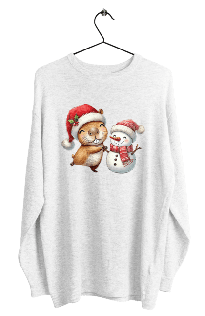 Men's sweatshirt with prints Capybara and Snowman. Animal, capybara, christmas, christmas capybara, gift, holiday, new year, new year`s gift, santa, snowman. 2070702