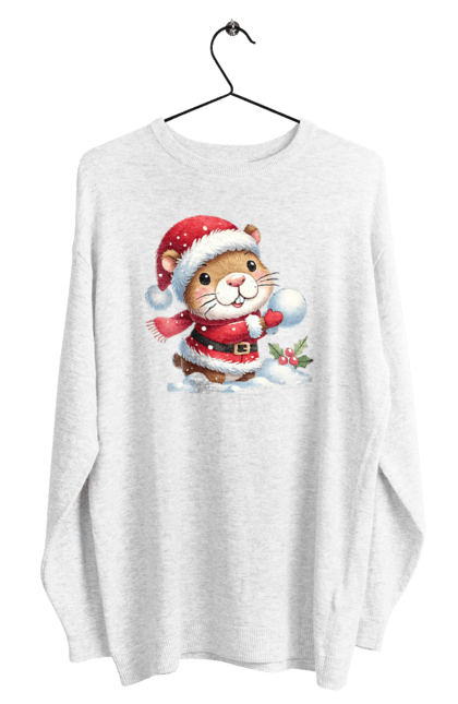 Men's sweatshirt with prints Capybara playing snowballs. Animal, capybara, christmas, christmas capybara, game, gift, holiday, new year, santa, snowballs. 2070702