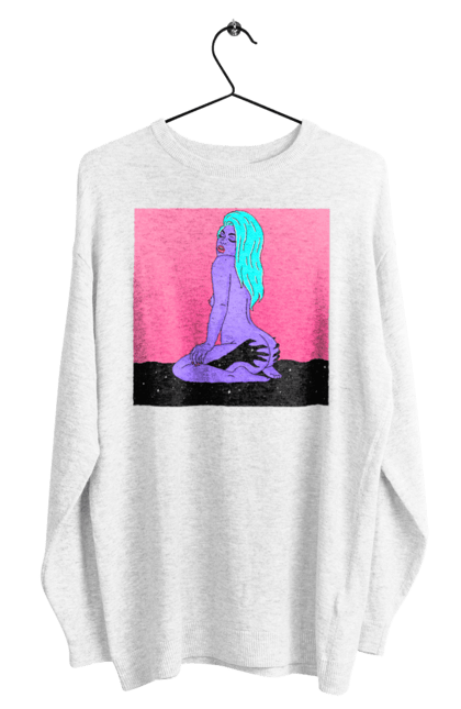 Світшот чоловічий з принтом "Фіолетова Дівчина В Руках". Дівчина, інопланетянка, сидить. 2070702