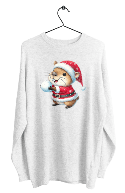 Men's sweatshirt with prints Capybara playing snowballs. Animal, capybara, christmas, christmas capybara, game, gift, holiday, new year, santa, snowballs. 2070702