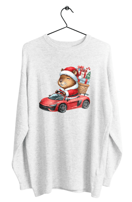 Men's sweatshirt with prints Christmas Capybara with a Gift. Animal, capybara, car, christmas, christmas capybara, gift, holiday, new year, new year`s gift, santa. 2070702