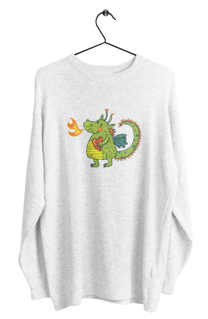 Men's sweatshirt with prints Dragon in love. Dragon, fire, green dragon, heart, hearts, love, new year, symbol 2024. 2070702