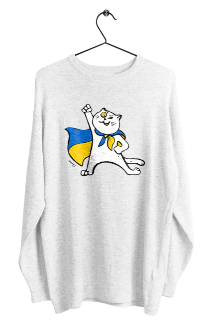 Світшот чоловічий з принтом "Білий кіт з прапором України". Кіт, кіт з прапором, кіт патріот, патріот, символ україни, україна. Print Shop