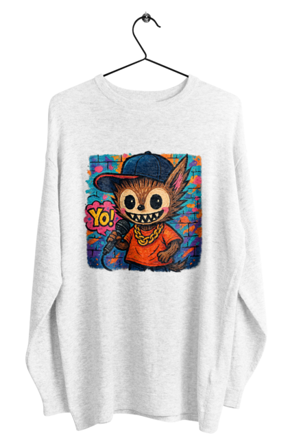 Світшот чоловічий з принтом "Лабубу". Бейсболка, вуличне мистецтво, графіті, золотийланцюг, лабубу, мікрофон, міський стиль, репатмосфера, хіпхоп, яскраво. 2070702