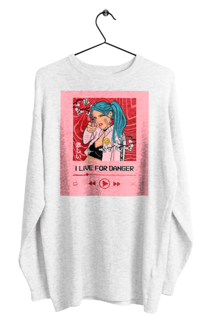 Світшот чоловічий з принтом "I Live For Danger". Аніме, музика, пістолет, програвач. 2070702