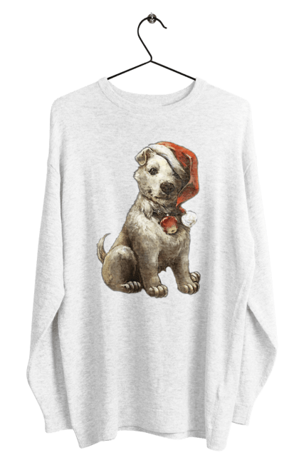 Світшот чоловічий з принтом "Зимовий собака з новорічною шапкою". Зима, новий рік, різдво, сніг, собака. CustomPrint.market