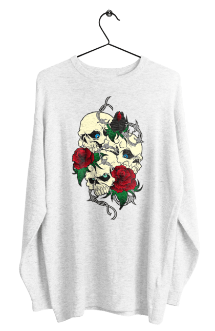 Свитшот мужской с принтом Черепа с розами. Глаза, зубы, кости, листья, роза, розы, цветы, череп, шипы. 2070702