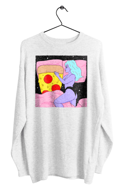 Світшот чоловічий з принтом "Фіолетова Дівчина І Піца". Дівчина, ліжко, піца. 2070702