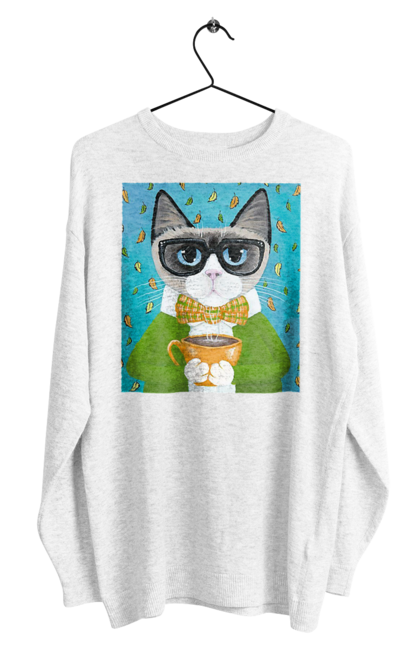 Світшот чоловічий з принтом "Кот в светрі і окулярах п'є каву". Кава, кіт, листя, окуляри, осінь, светр. CustomPrint.market