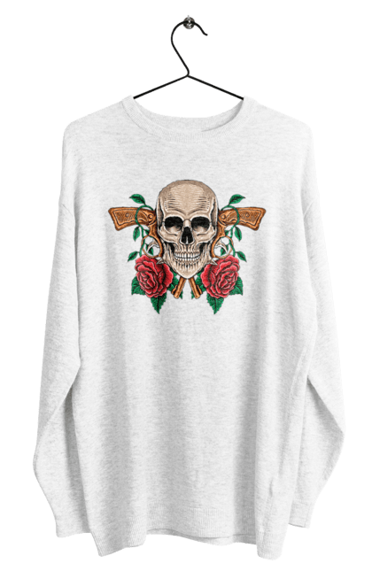 Men's sweatshirt with prints Skull with roses. Bones, eyes, flowers, gun, leaves, rose flower, scull, spikes, teeth. 2070702