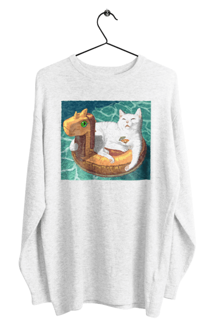 Світшот чоловічий з принтом "Білий кіт у плавальному колі, на відпочинку". Басейн, відпочинок, кіт, коктейль, море, плавальний круг. 2070702