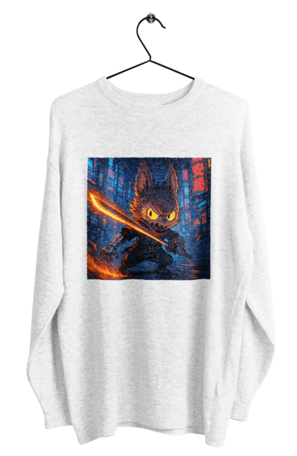 Світшот чоловічий з принтом "Лабубу". Аніместиль, дія, катана, кіберніндзя, кіберпанк, лабубу, меч, неонове місто, очі` що світяться. 2070702