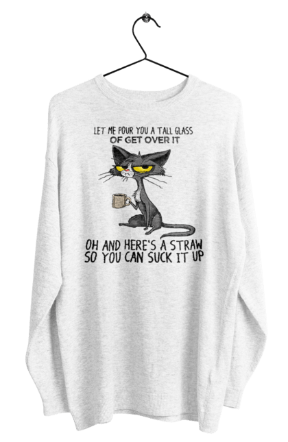 Men`s sweatshirt with prints How to survive it?. Cat and mug, drink, everything is fine, go fuck yourself, large glass, meditation, pour, suck. 2070702
