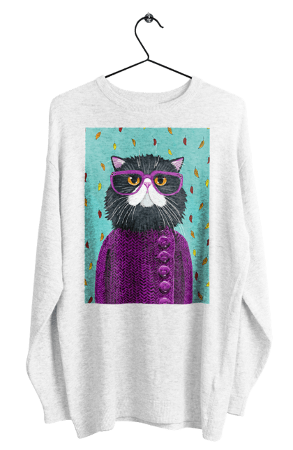 Світшот чоловічий з принтом "Кот в светрі і окулярах". Кіт, окуляри, осінь, светр, холод. CustomPrint.market