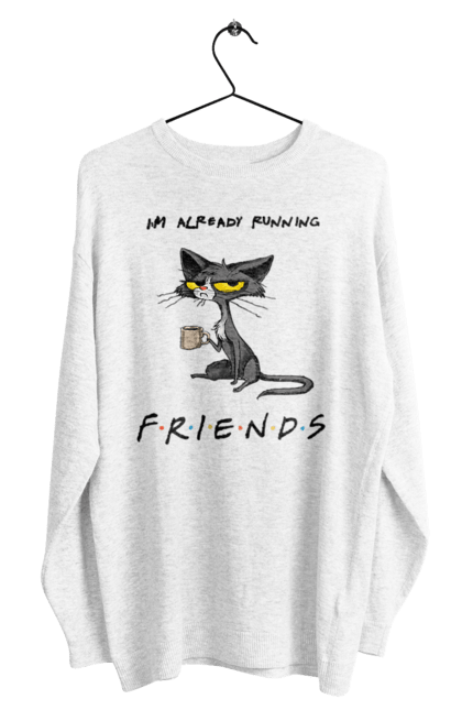 Men`s sweatshirt with prints Friends, I`m running. Cat series, fall off, friend to himself, friends, go fuck yourself, i`m already running, loneliness bitch, parody series. 2070702