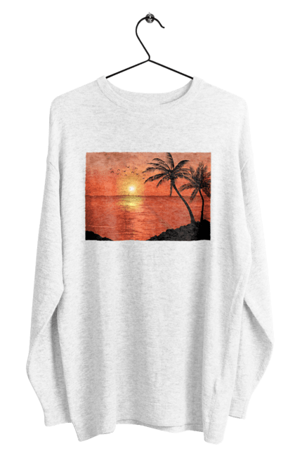 Men`s sweatshirt with prints West Palm Sea. Palm trees, sea, shore. 2070702