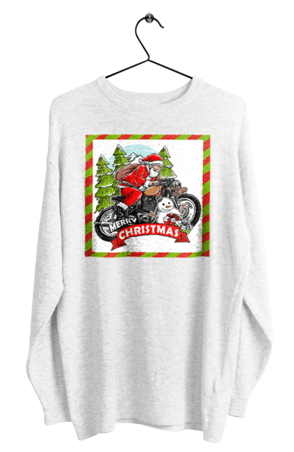 Світшот чоловічий з принтом "Санта на мотоциклі". Мотоцикл, новий рік, подарунки, різдво, санта, сніговик, ялинка. 2070702