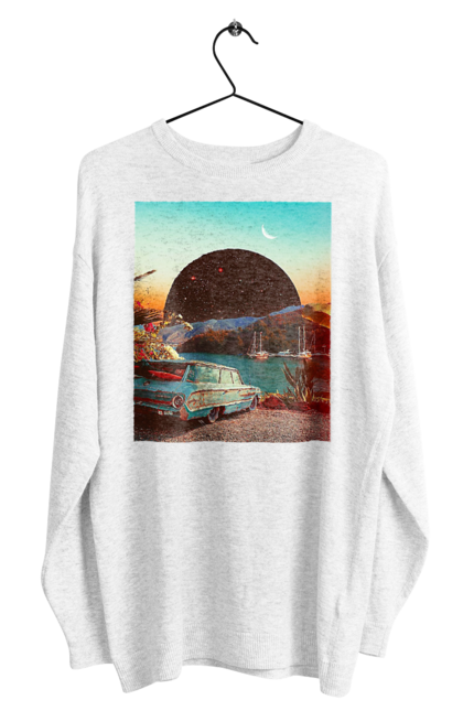 Світшот чоловічий з принтом "Картина, машина біля річки". Картина, машина, планета, прикол, ретро, річка. 2070702