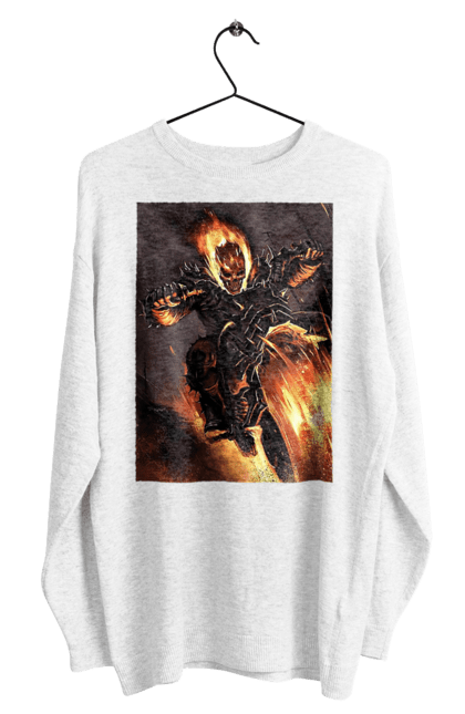 Світшот чоловічий з принтом "Пекельний Гонщик". Вогонь, мотоцикл, пекельний гонщик, скелет, чоппер. 2070702