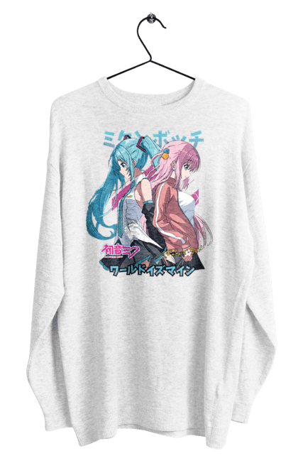 Men's sweatshirt with prints Hatsune Miku and Hitori Gotou. Anime, bocchi the rock, hatsune miku, hitori goto, hitori gotou, lonely rocker, miku, rocker, vocaloid. 2070702