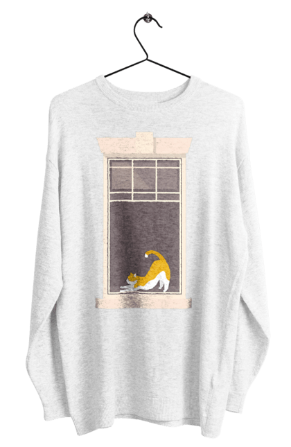 Світшот чоловічий з принтом "Кіт В Вікні". Вікно, кіт, потягушки, рудий. 2070702