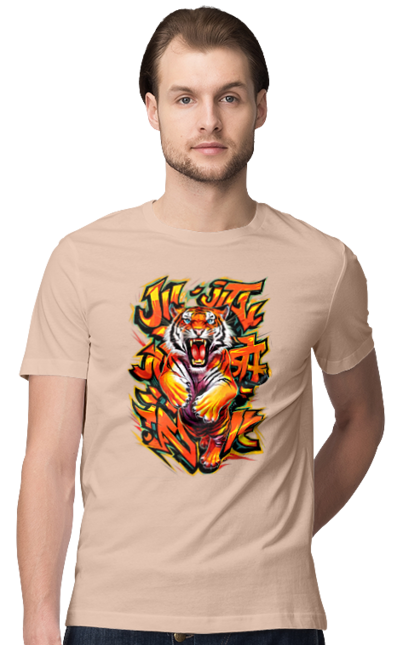 Men's t-shirt with prints Jujutsu. Animal, japan, jiu jitsu, jujutsu, martial arts, ninja, samurai, sport, tiger. 2070702