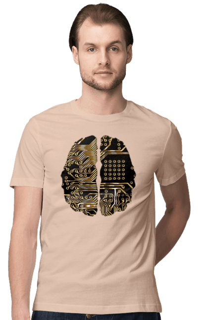 Футболка чоловіча з принтом "Мозок Айті". Айті, айтішник, гик, знання, золотий, золото, інженер, кібер, кібернетика, кіборг, код, комп, кристал, мікросхема, мозок, програміст, професіонал, професія, розробник, розум, чіп. 2070702