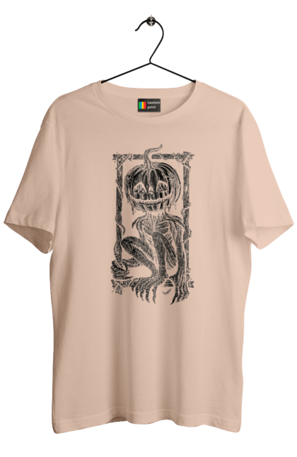 Men's t-shirt with prints Scarecrow. Autumn, claws, frame, halloween, horror, pumpkin, scarecrow, skeleton, smile. 2070702