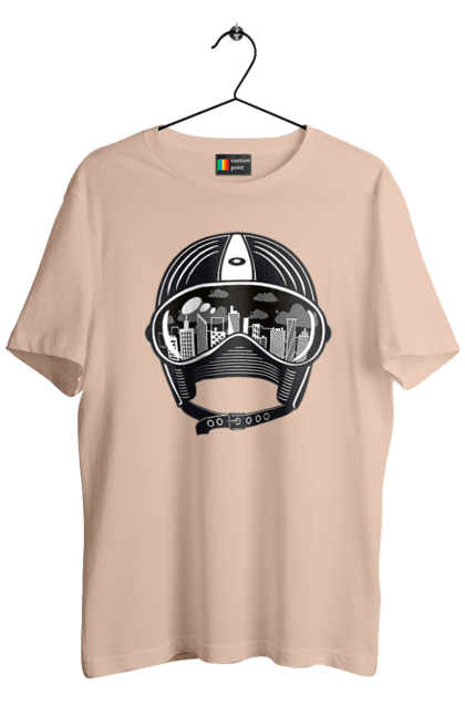 Футболка мужская с принтом Шлем И Город. Город, скорость, шлем. 2070702