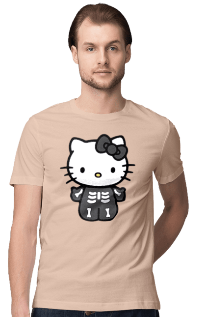 Футболка мужская с принтом Хелло Китти Хэллоуин. Halloween, hello kitty, zombie, бренд, зомби, котенок, персонаж, скелет, хелло китти, хэллоуин. 2070702