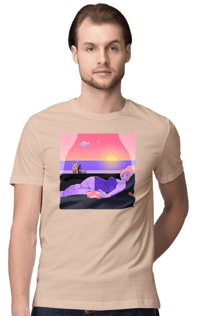 Men`s t-shirt with prints Purple Girl On Vacation. Girl, sunset, telephone. 2070702