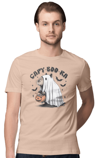 Men's t-shirt with prints Capybara Halloween. Animal, capybara, ghost, halloween, holiday, moon, pumpkin, rodent. 2070702