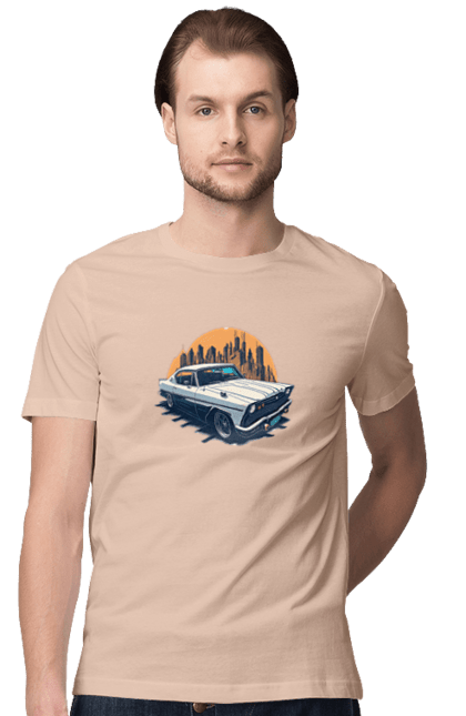 Men`s t-shirt with prints Vintage car image. Car, city, vintage image. 2070702