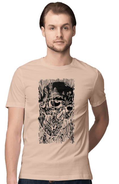 Men's t-shirt with prints Skull. Black and white, bones, eyes, scull, teeth, worms. 2070702