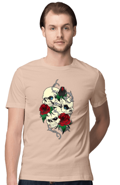 Men's t-shirt with prints Skulls with roses. Bones, eyes, flowers, leaves, rose flower, roses, scull, spikes, teeth. 2070702