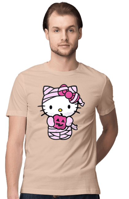 Футболка мужская с принтом Хелло Китти Хэллоуин. Halloween, hello kitty, mummy, бренд, кот, котенок, мумия, персонаж, хелло китти, хэллоуин. 2070702