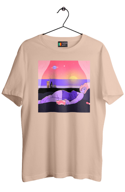 Men`s t-shirt with prints Purple Girl On Vacation. Girl, sunset, telephone. 2070702