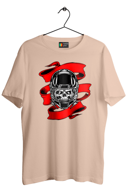Men`s t-shirt with prints Skull in a motorcycle helmet. Helmet, moto, skull, tape. 2070702