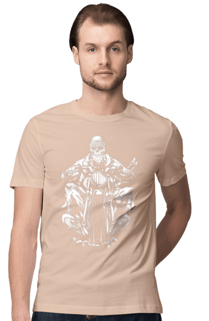 Men`s t-shirt with prints Skull on a motorcycle. Biker, motorcycle, skeleton, skull. 2070702