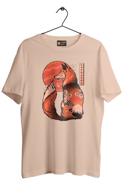 Men's t-shirt with prints Kitsune. Animal, cherry blossoms, flowers, fox, great wave, japan, japanese, kitsune, mount fuji, red fox. 2070702