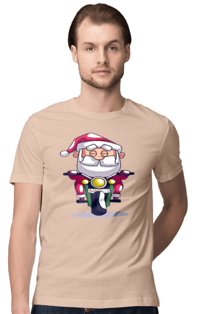 Футболка чоловіча з принтом "Щасливий Санта на мотоциклі". 2022, дід мороз, зима, мотоцикл, новий рік, різдво, санта, сніг. 2070702
