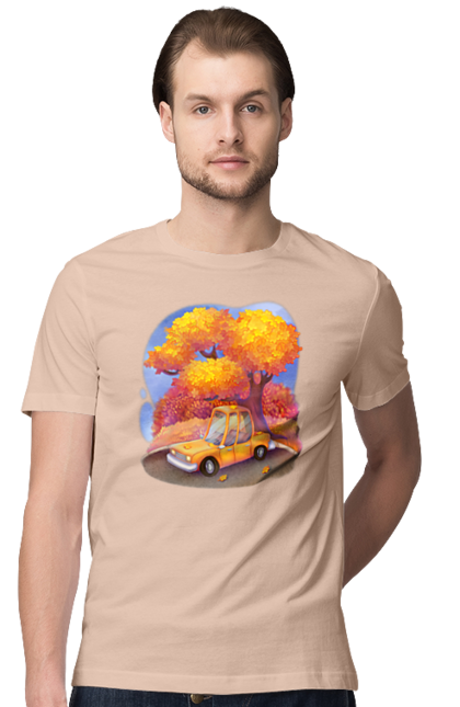 Men`s t-shirt with prints Autumn Car Tree. Autumn, machine, orange, tree, yellow cute illustration. 2070702