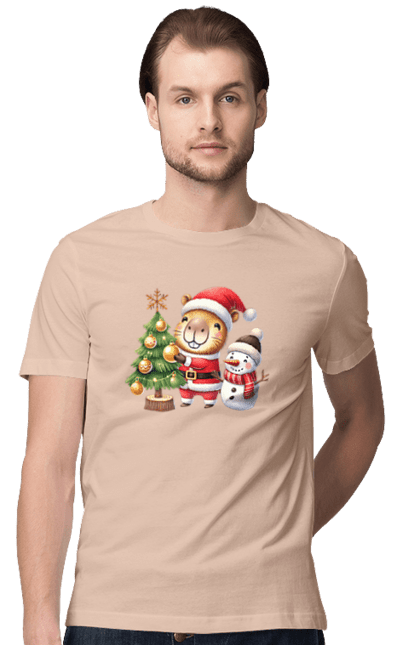 Men's t-shirt with prints Christmas Capybara with a Tree. Animal, capybara, christmas, christmas capybara, christmas tree, gift, holiday, new year, new year`s gift, santa. 2070702