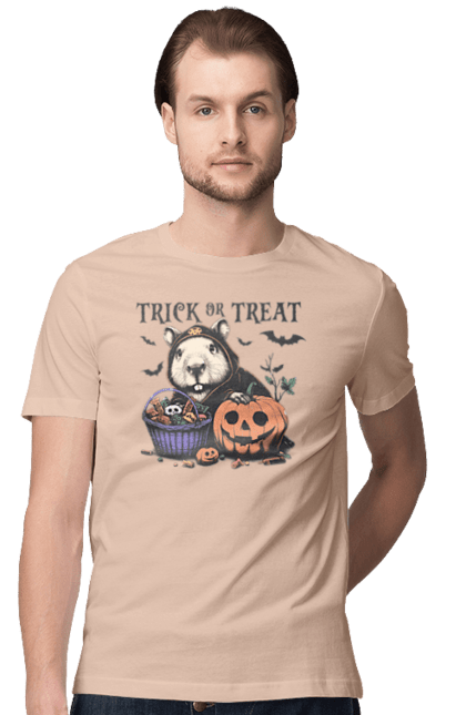 Men's t-shirt with prints Capybara Halloween. Animal, capybara, halloween, holiday, moon, pumpkin, rodent. 2070702