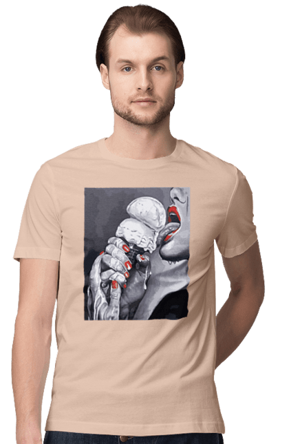 Футболка чоловіча з принтом "Смак ескімо". Апетитне ескімо, вона лиже, дівчина та морозиво, лиже мовою, смак ескімо, смак морозива, тече по губах, тече по руках. 2070702